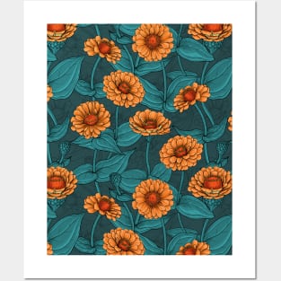 Orange Zinnia flowers,  blue leaves on dark blue Posters and Art